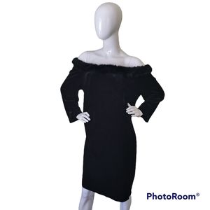 Vintage 90s Velvet Black Dress Off Shoulder Faux Fur trim
